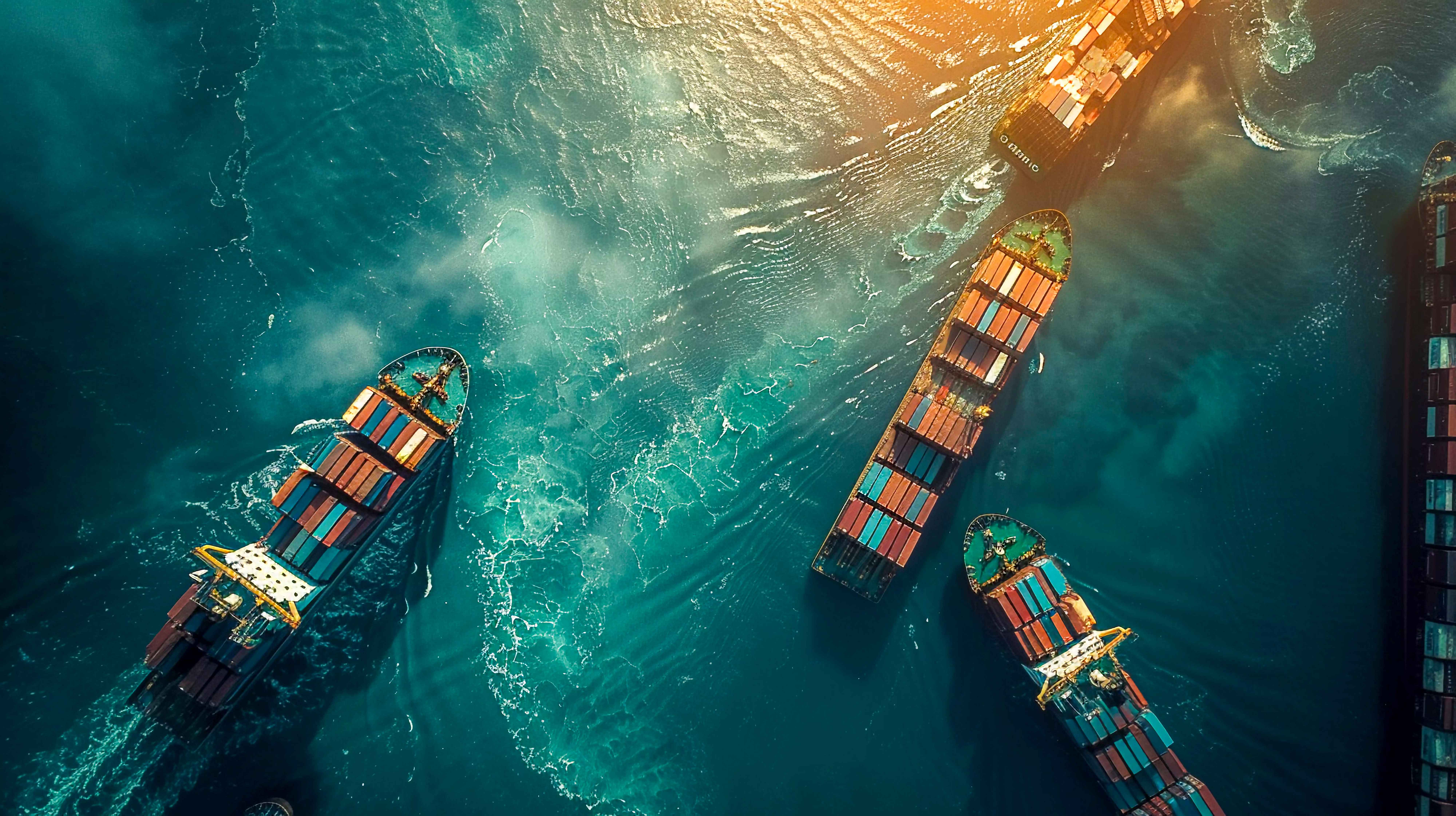 Aerial view of container ships at sea