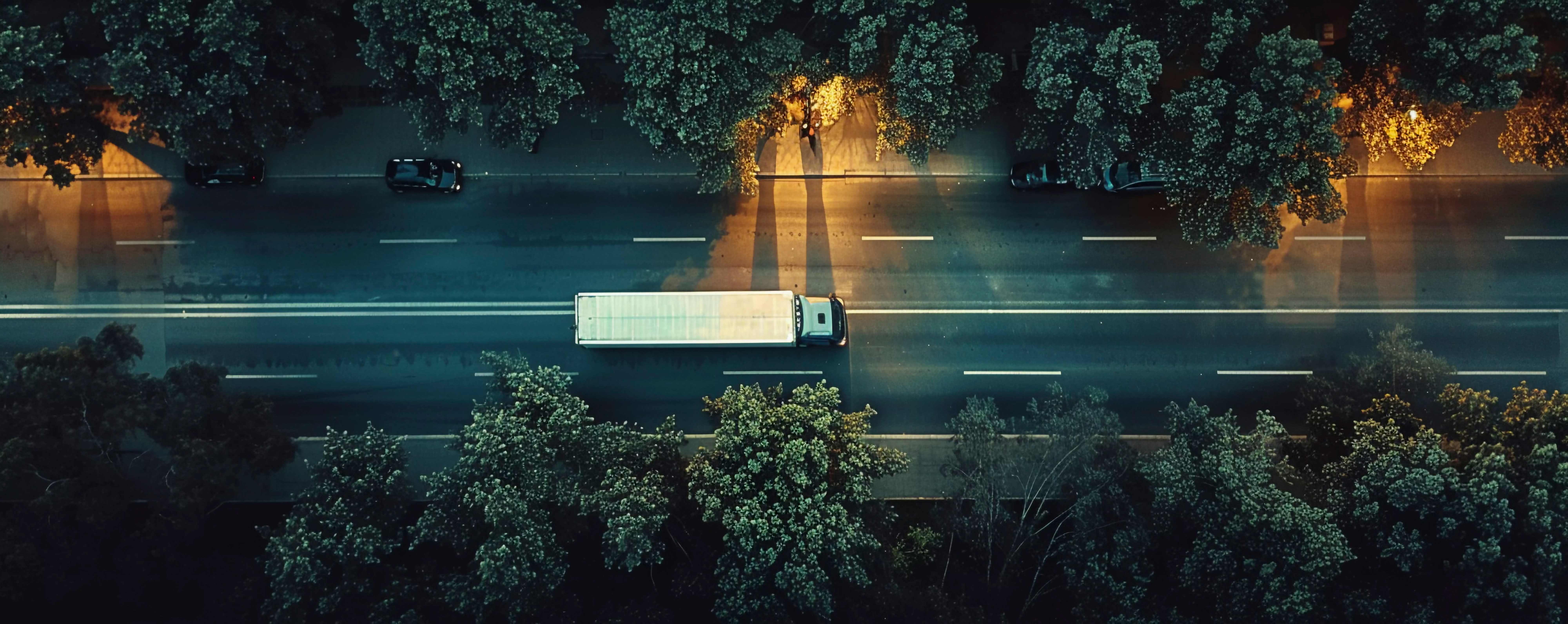 Trucks on a highway from aerial view